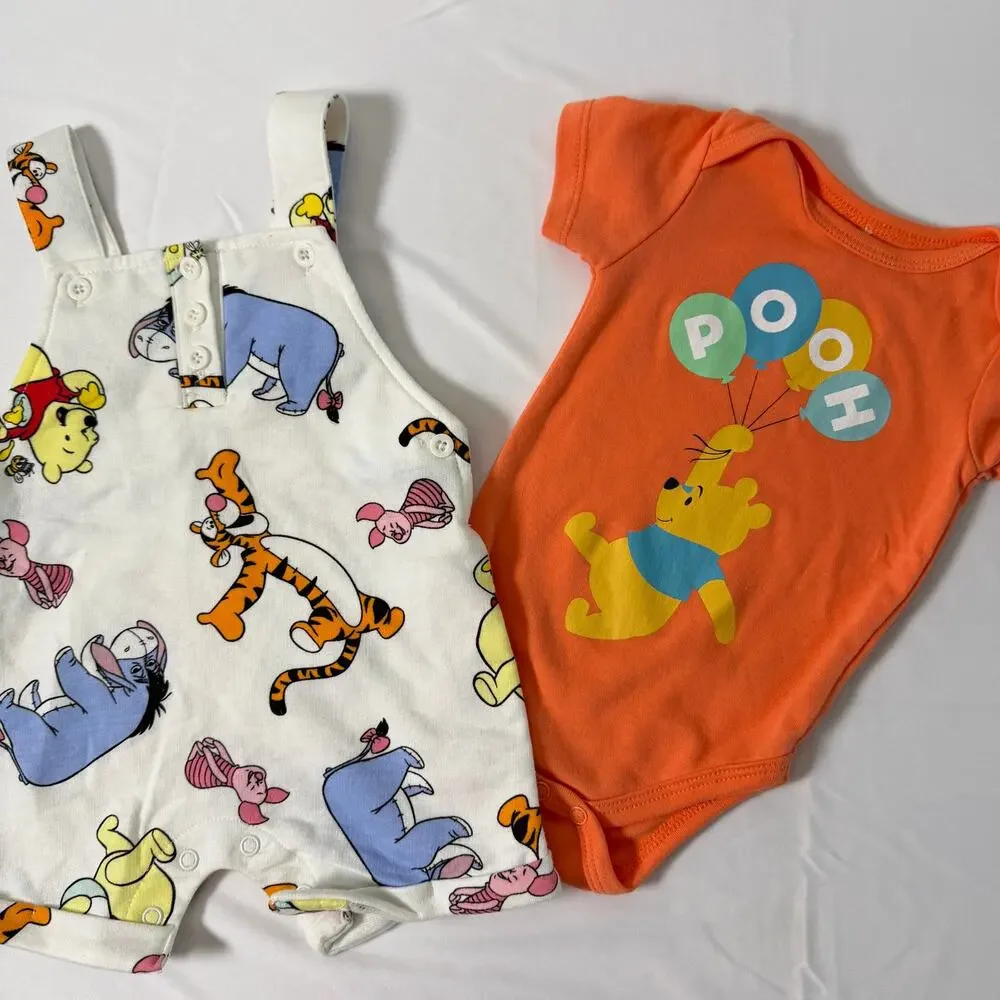 Disney Baby Winnie The Pooh & Friends White & Orange Overall Set Sz 3-6 mo